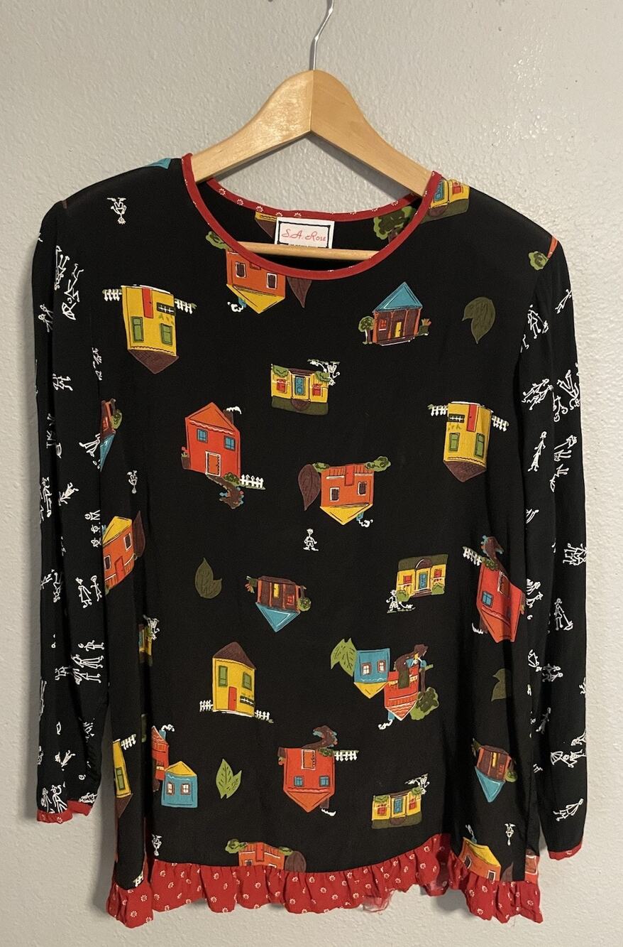 Vintage Womens Top Medium Black House Print Ruffle Art to Wear Wacky Artsy 90s